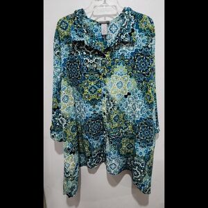 Catherines Blouse Sz 4X Button Up Shark Bite Hem Rolled Cuff Blue Green Boho